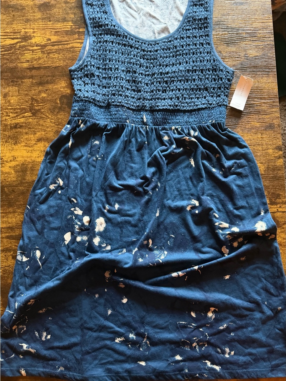 Charter Club Navy Blue Sleeveless Dress with Crochet Top and Accent Print